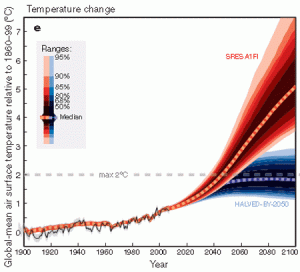 Unless we can cut emissions by half by 2050 we are looking at catastropic temperature rises (source: Nature, May 2009)